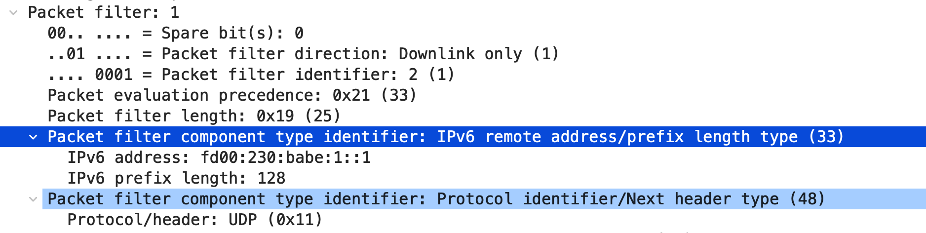 Wireshark Trace von einem Create Bearer Request: Ein Paketfilter mit Prefixlänge