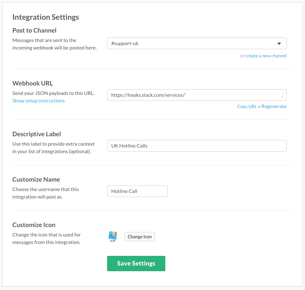 Integration Settings in Slack