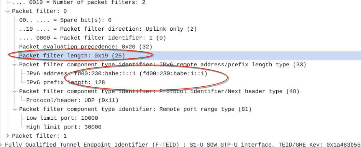 Wireshark Trace eines Create Bearer Requests: Hier zu sehen, dass sipgate die Paketfilter definitiv gesendet hat.