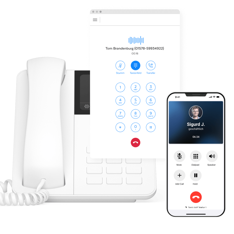 VoIP-Telefon, Softphone und Smartphone mit aktiven Anruf