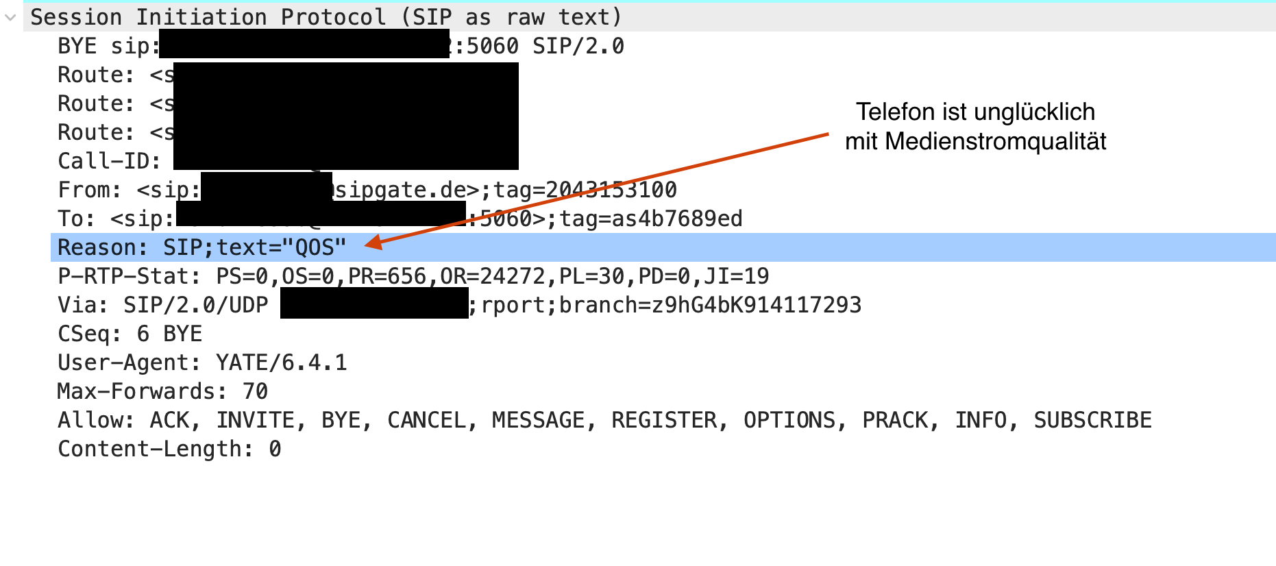 Ein SIP-Datenpaket. Ein "BYE", also ein Auflegen. Im reason steht der Text "QOS".