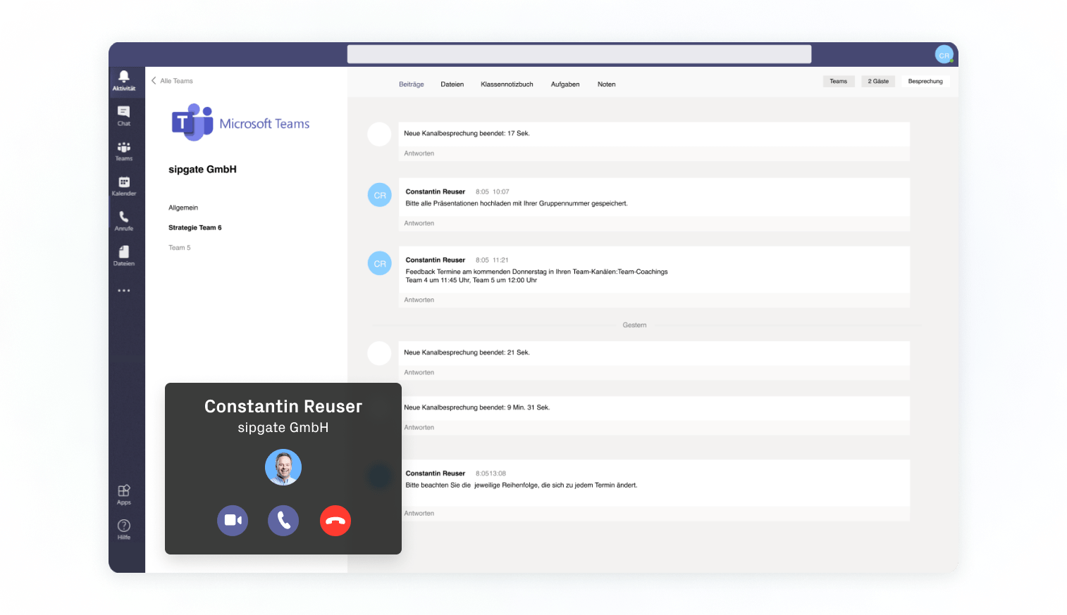 Aktiver MS Teams Call mit sipgate verbunden