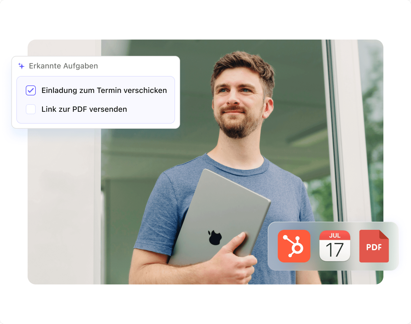 Ein Mitarbeiter von sipgate nach beendetem Call. Die sipgate App CLINQ schlägt ToDos für erkannte Aufgaben vor.