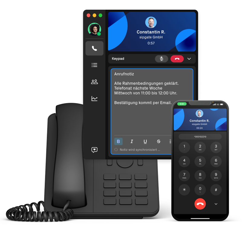 VoIP-Telefon, Softphone und Smartphone mit aktiven Anruf