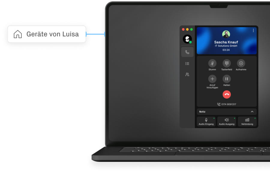 Eine Auswahl an Geräten: Softphone, VoIP-Telefon, Mobiltelefon und Smartwatch