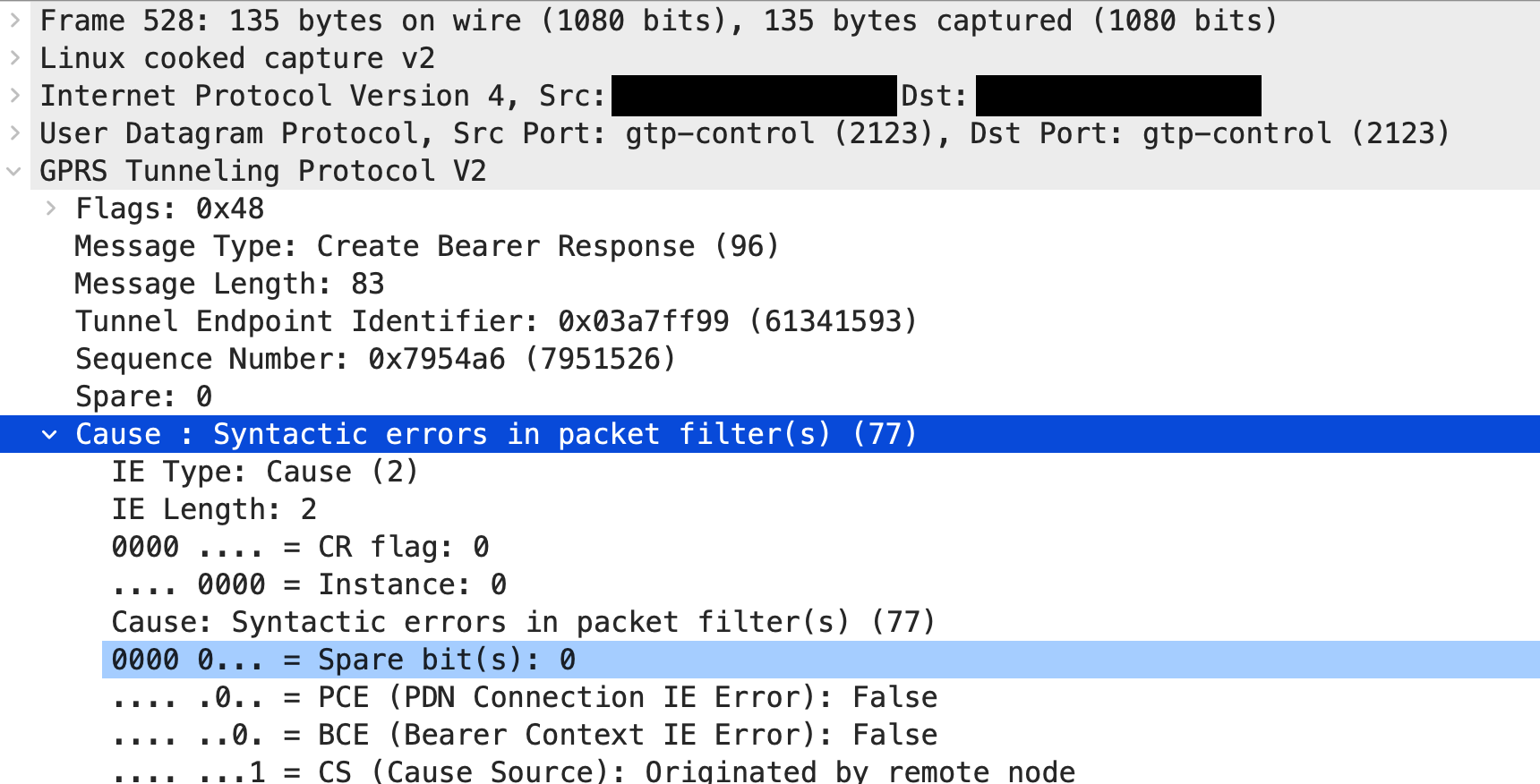 Ein weiterer Wireshark Screenshot. Hier zu sehen eine GTPv2 Fehlermeldung mit dem Text "Syntactic errors in packet filter(s)"